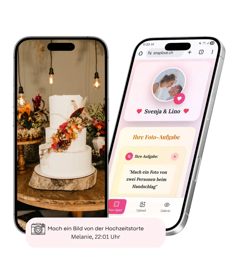 SnapLove auf zwei Smartphones mit Gästefoto und Foto-Aufgabe
